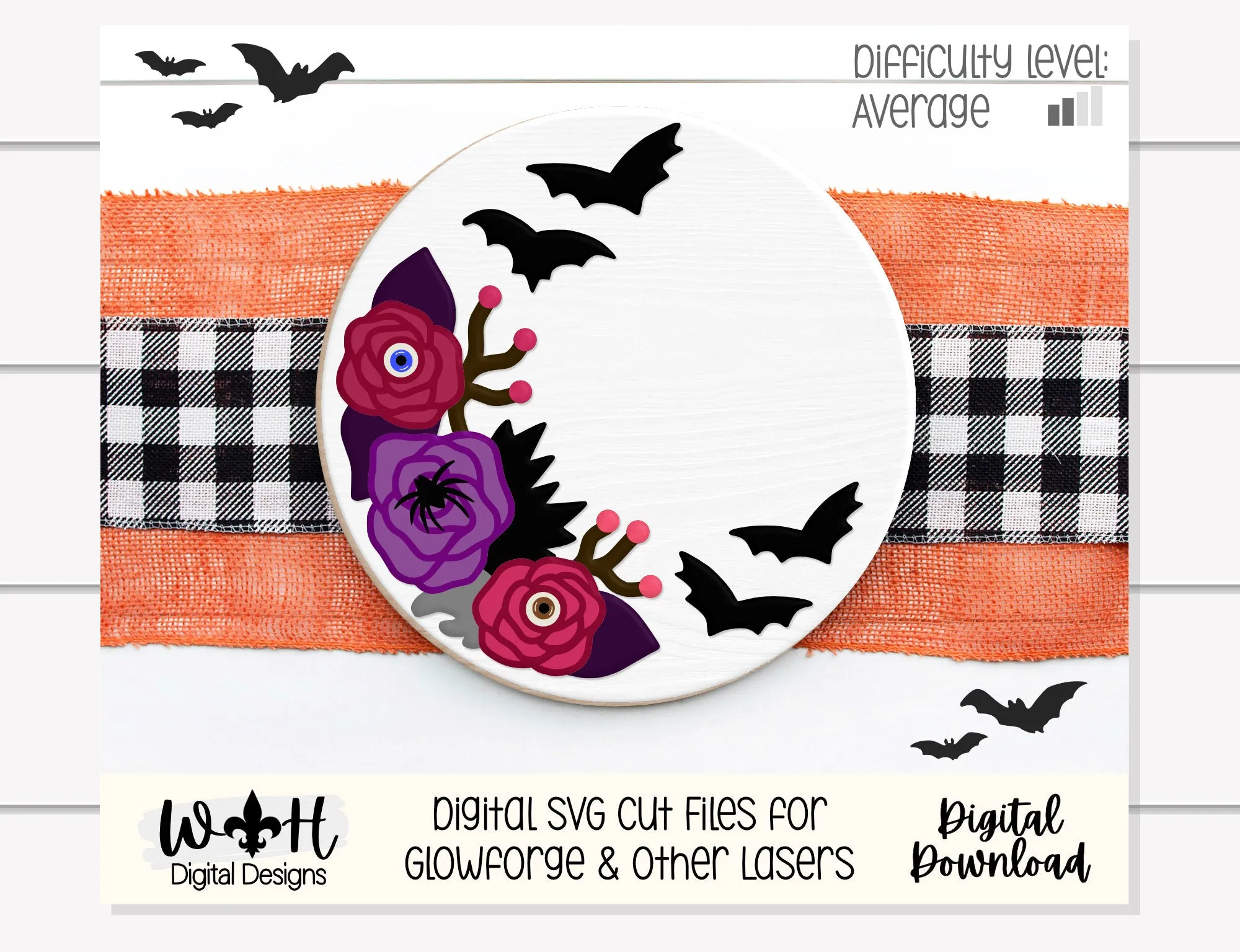 Eerie Eyeball Roses Halloween Door Hanger Round - Seasonal Sign Making Floral and DIY Kits - Cut File For Glowforge Laser - Digital SVG File