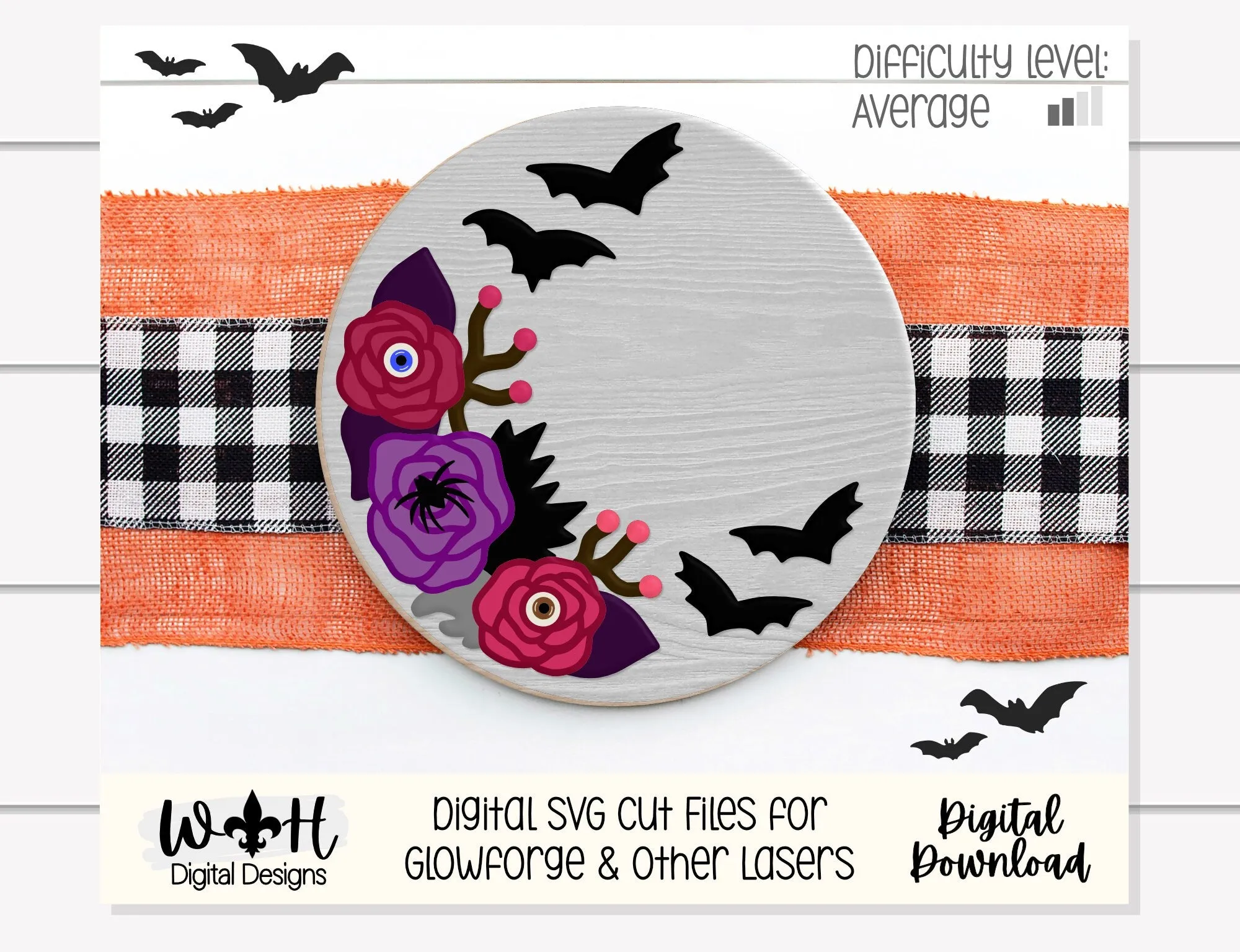 Eerie Eyeball Roses Halloween Door Hanger Round - Seasonal Sign Making Floral and DIY Kits - Cut File For Glowforge Laser - Digital SVG File