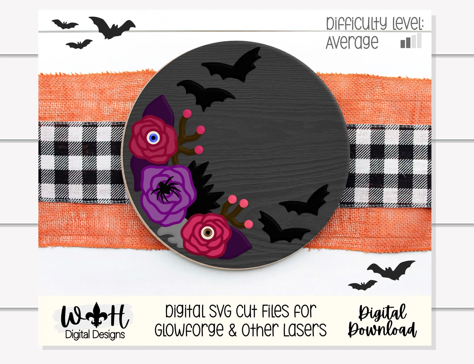 Eerie Eyeball Roses Halloween Door Hanger Round - Seasonal Sign Making Floral and DIY Kits - Cut File For Glowforge Laser - Digital SVG File