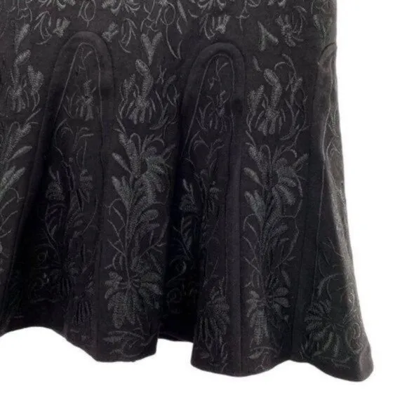 Elie Tahari Black Embroidered Floral Wool Blend A-Line Skirt