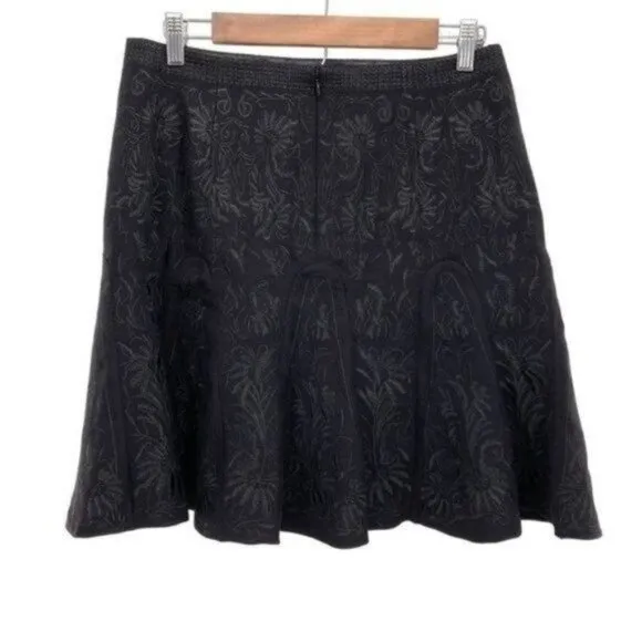 Elie Tahari Black Embroidered Floral Wool Blend A-Line Skirt