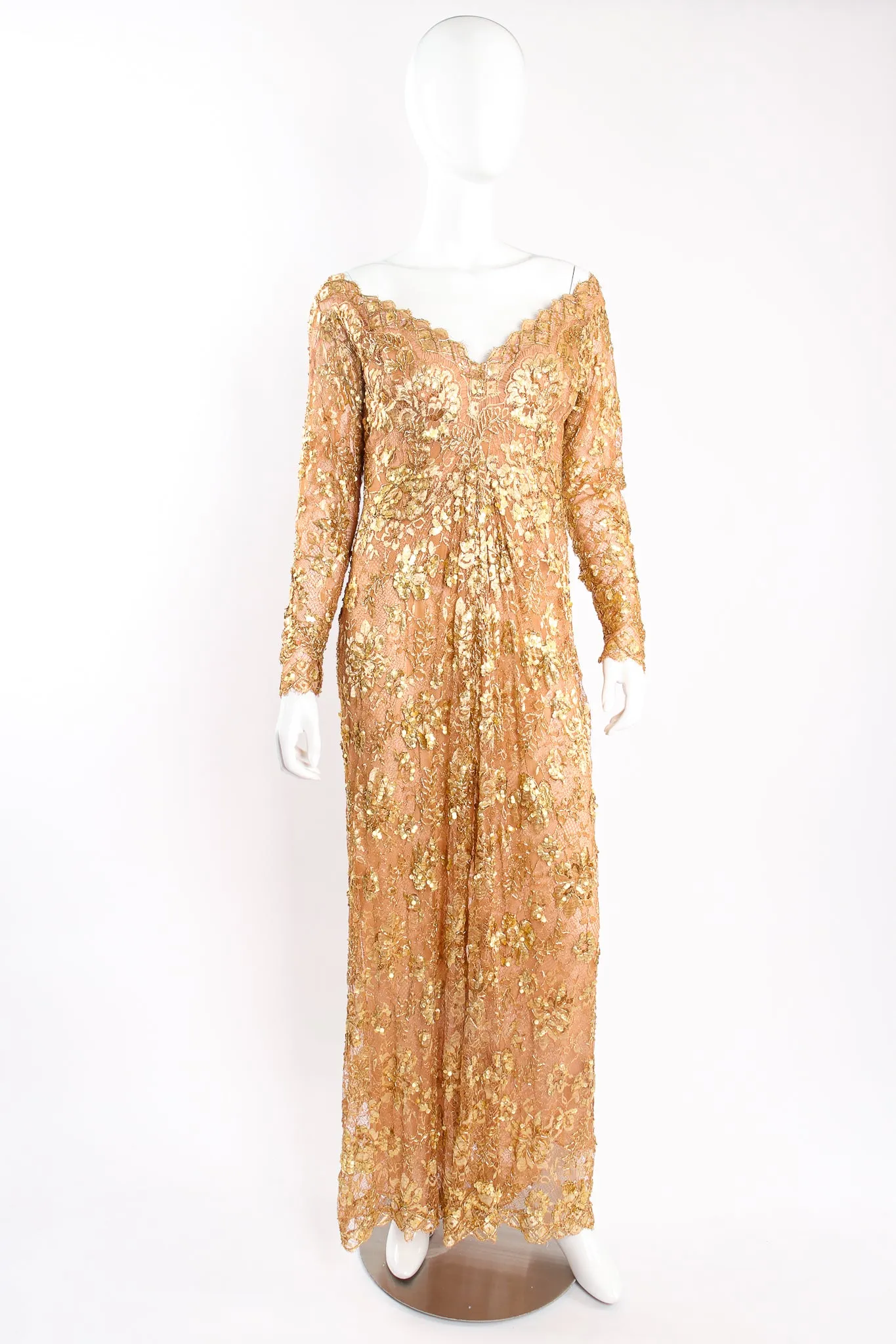 Embellished Metallic Lace Gown