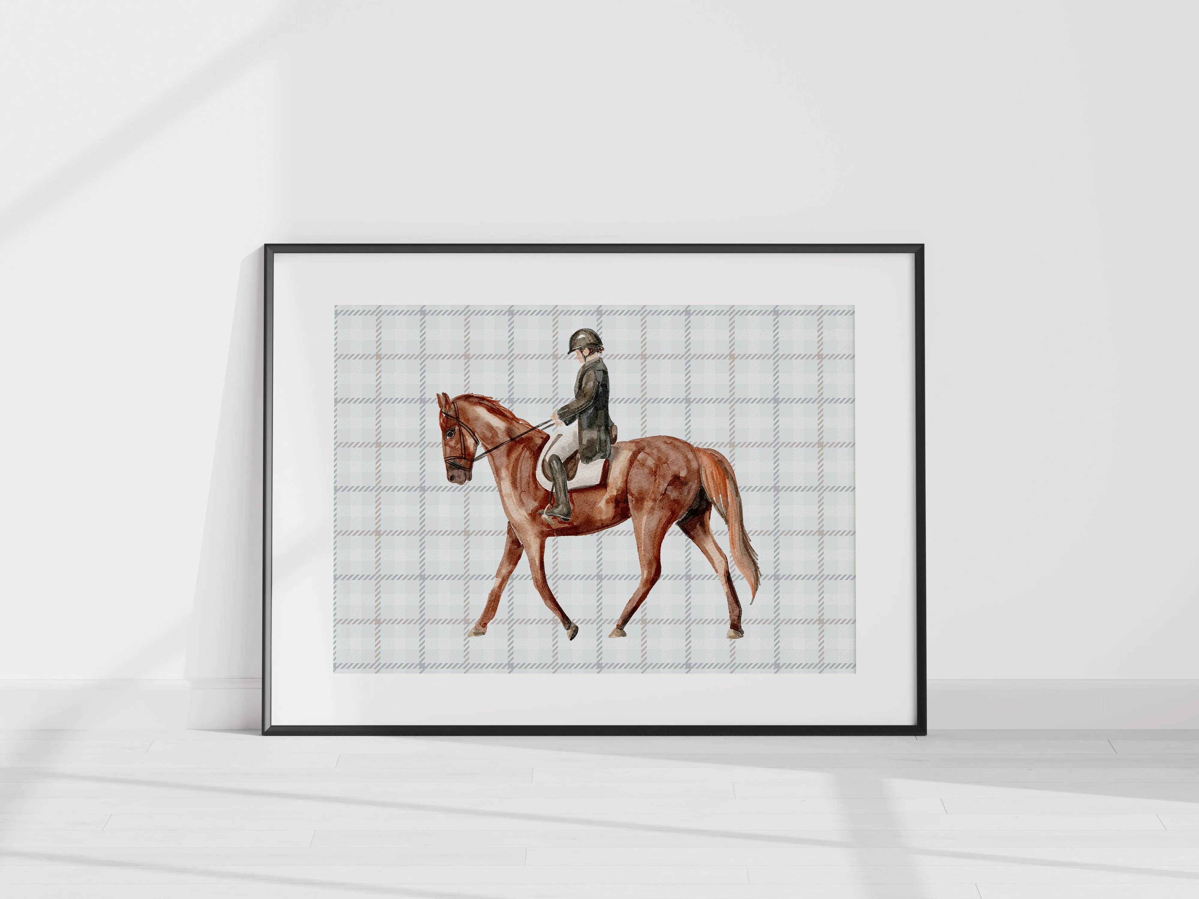 Equestrian Dressage Watercolor Art Print – Brown Race Horse with Soft Blue Plaid Background | Elegant Wall Art | Horse and Whiskey Collection