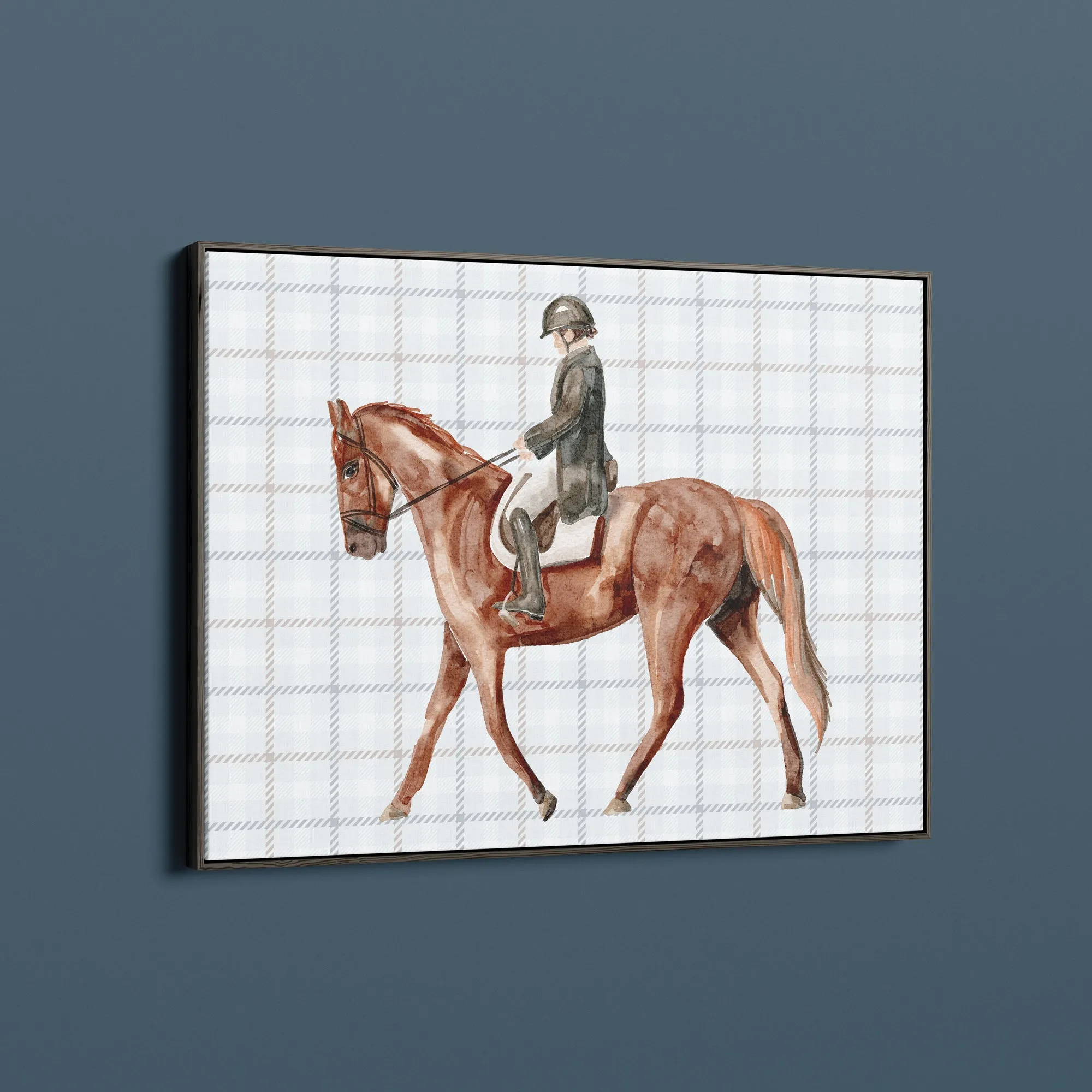 Equestrian Dressage Watercolor Art Print – Brown Race Horse with Soft Blue Plaid Background | Elegant Wall Art | Horse and Whiskey Collection