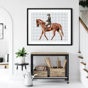 Equestrian Dressage Watercolor Art Print – Brown Race Horse with Soft Blue Plaid Background | Elegant Wall Art | Horse and Whiskey Collection