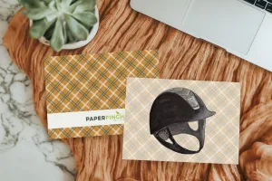 Equestrian Helmet illustration on yellow plaid, preppy blank greeting card with envelope | Horse   Whiskey Collection