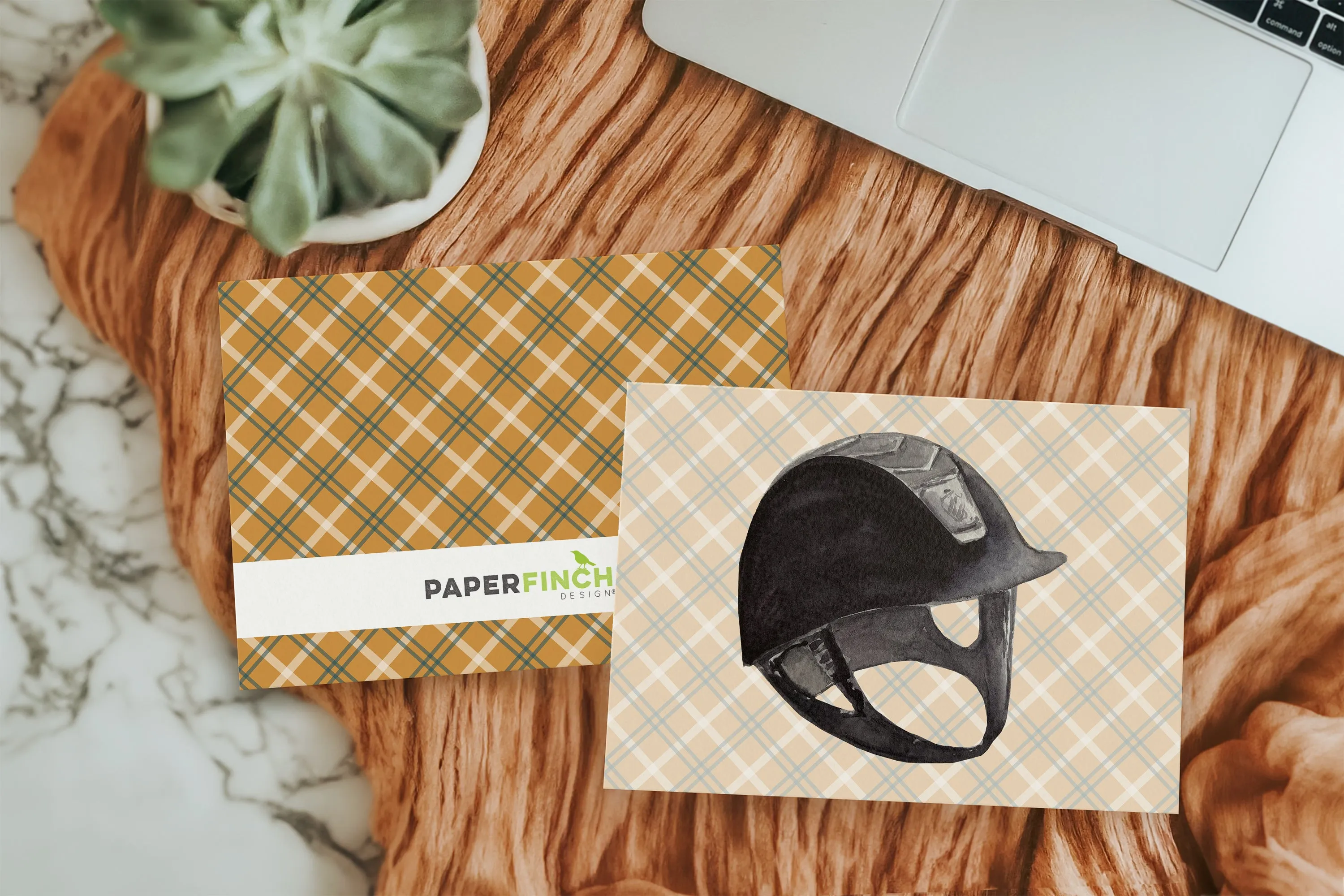 Equestrian Helmet illustration on yellow plaid, preppy blank greeting card with envelope | Horse   Whiskey Collection