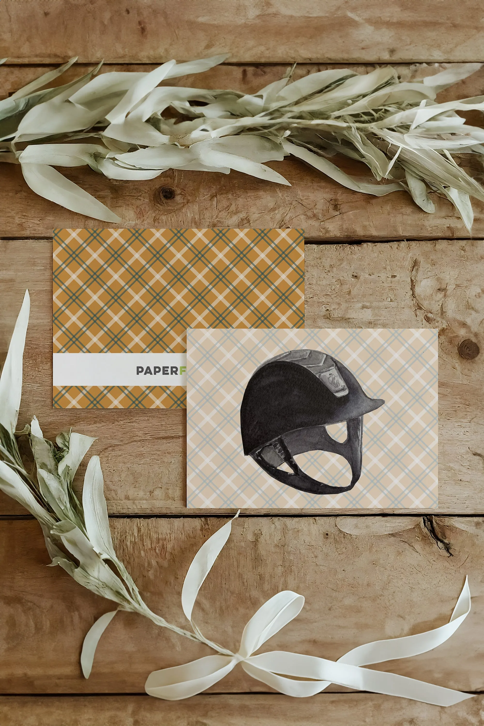 Equestrian Helmet illustration on yellow plaid, preppy blank greeting card with envelope | Horse   Whiskey Collection