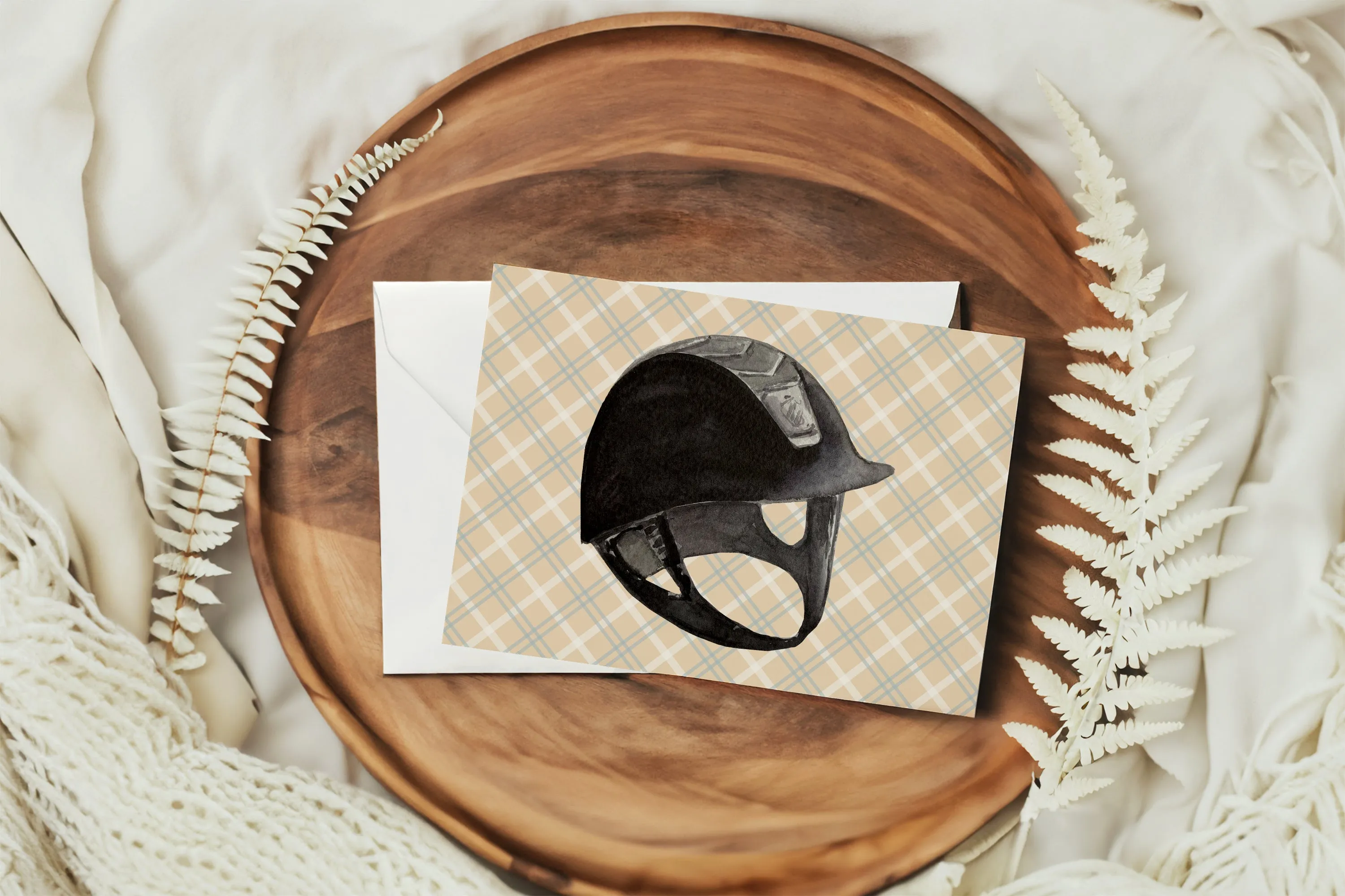 Equestrian Helmet illustration on yellow plaid, preppy blank greeting card with envelope | Horse   Whiskey Collection