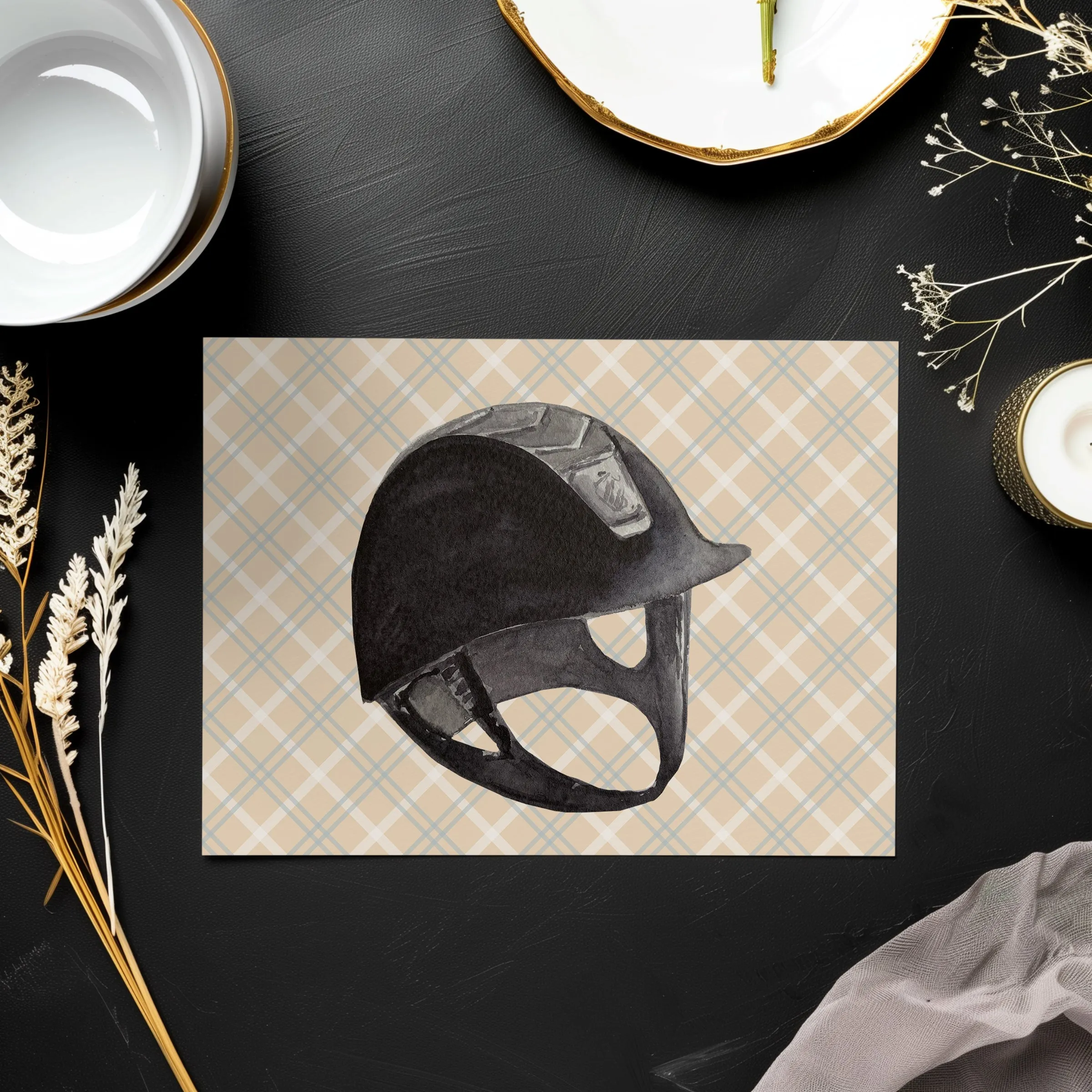 Equestrian Helmet illustration on yellow plaid, preppy blank greeting card with envelope | Horse   Whiskey Collection