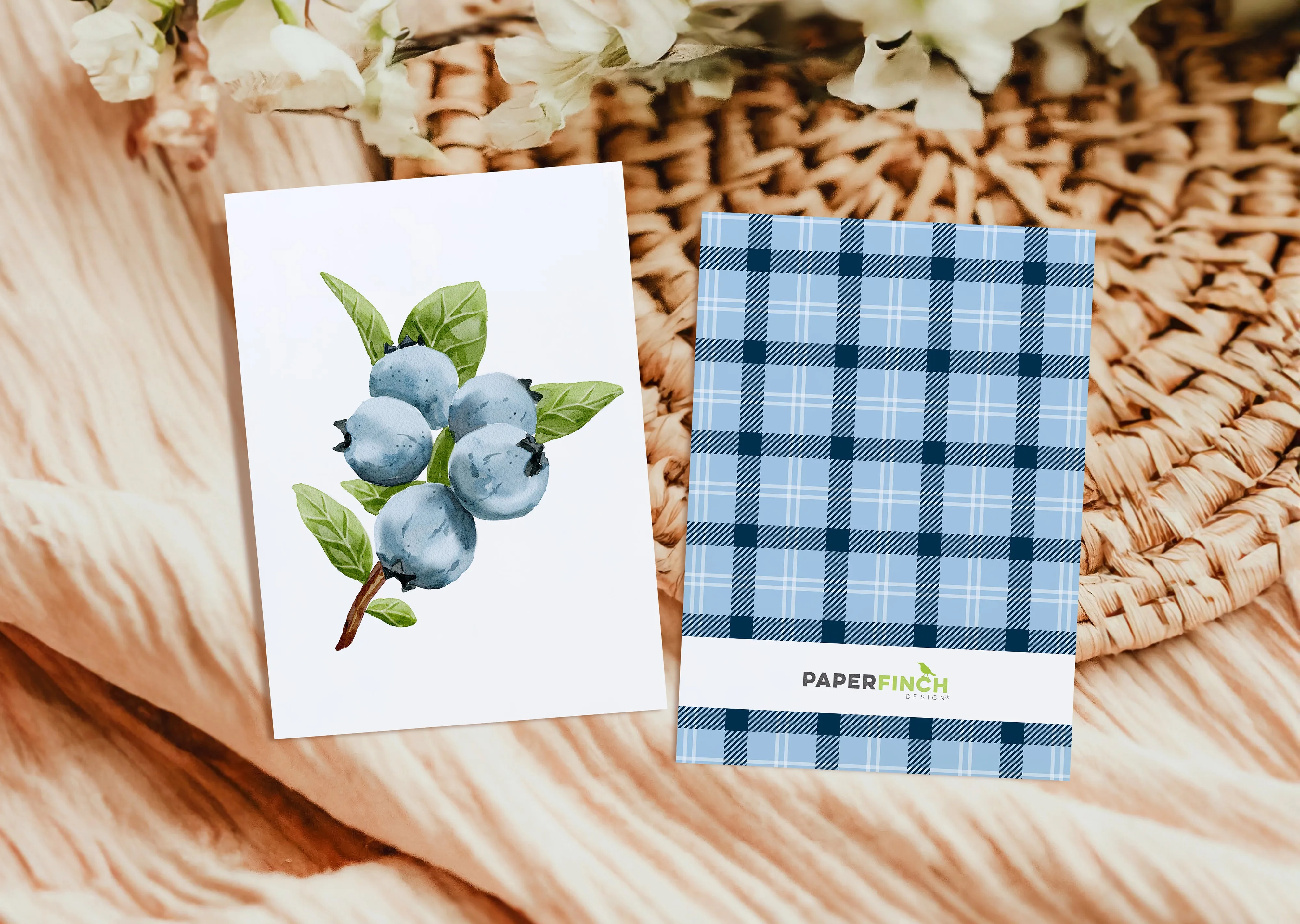 Everyday Card - Charming Blueberry Branch Art on Blue Plaid, Ideal for Birthdays or Just Because! Nature-Inspired Gift | Preppy Coastal Collection