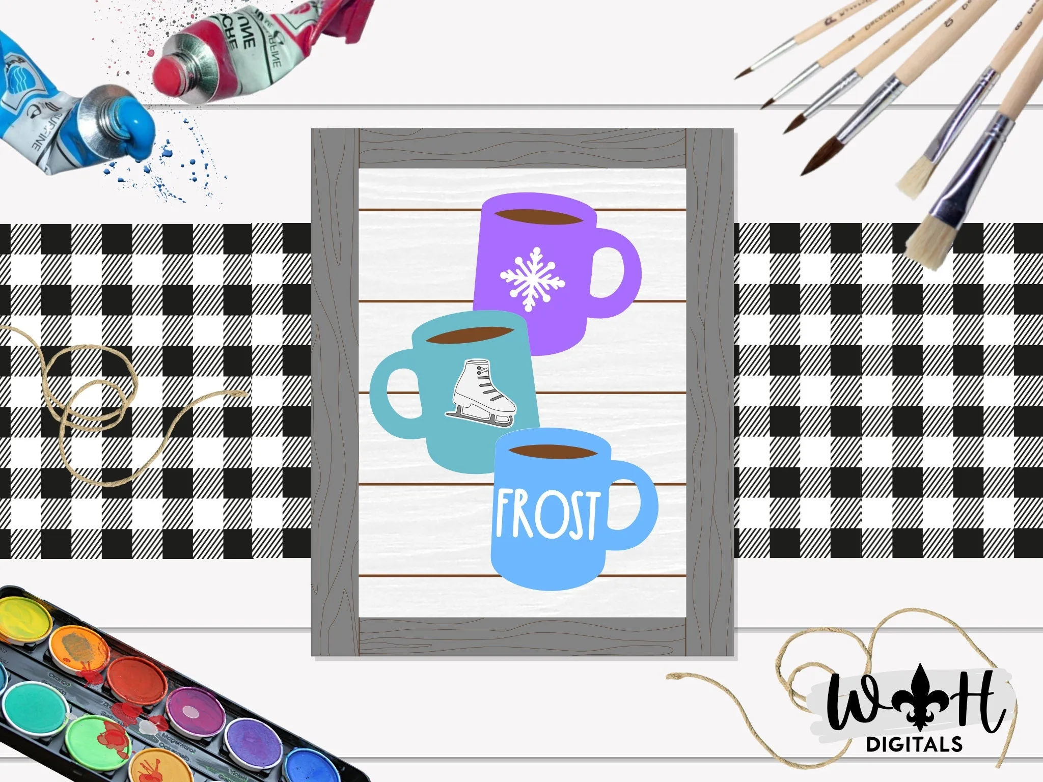 Frost Stacked Coffee Mugs Farmhouse Frame Sign - Winter Tiered Tray Decor and DIY Kits - Cut File For Glowforge Lasers - Digital SVG File