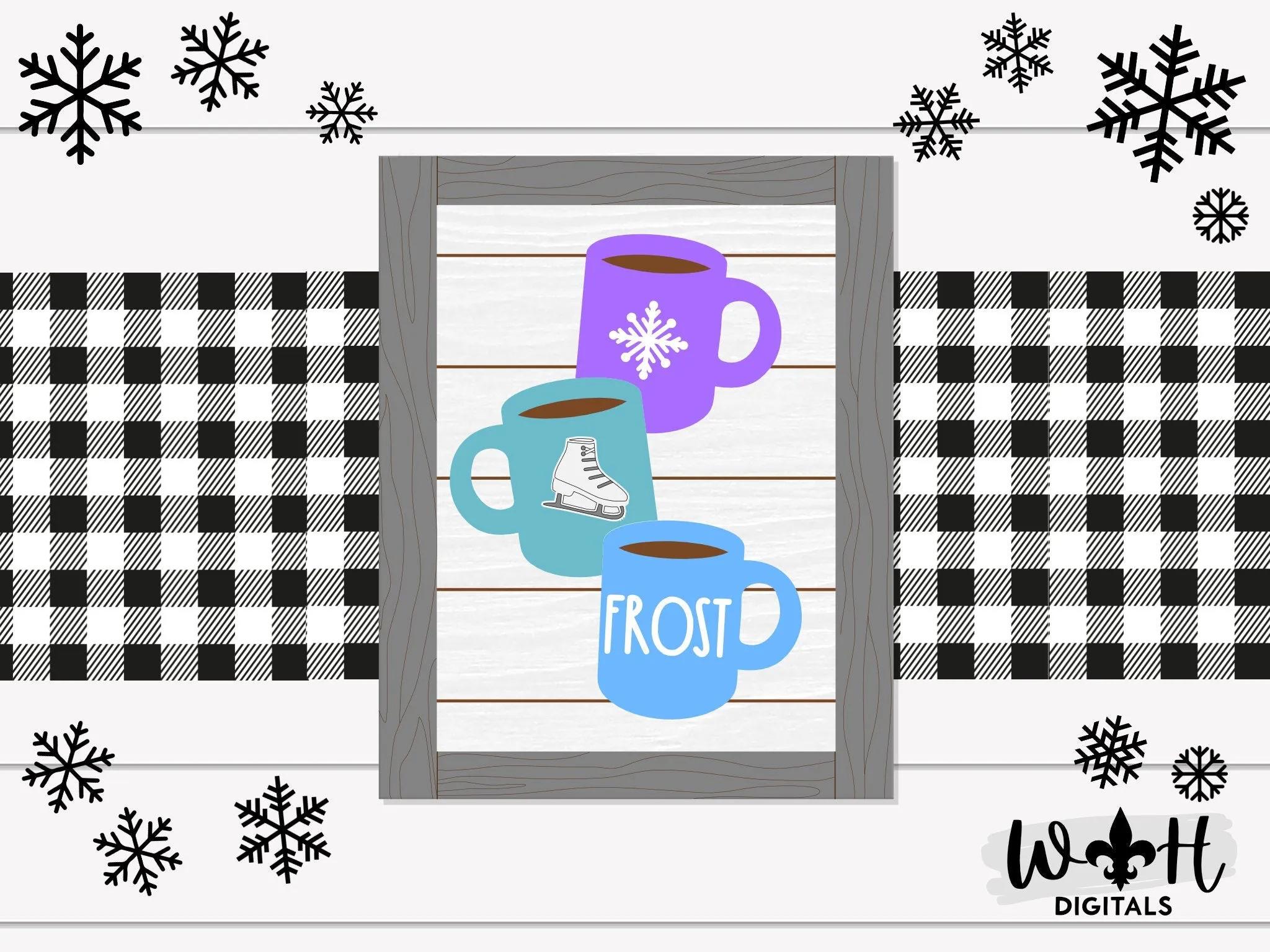 Frost Stacked Coffee Mugs Farmhouse Frame Sign - Winter Tiered Tray Decor and DIY Kits - Cut File For Glowforge Lasers - Digital SVG File