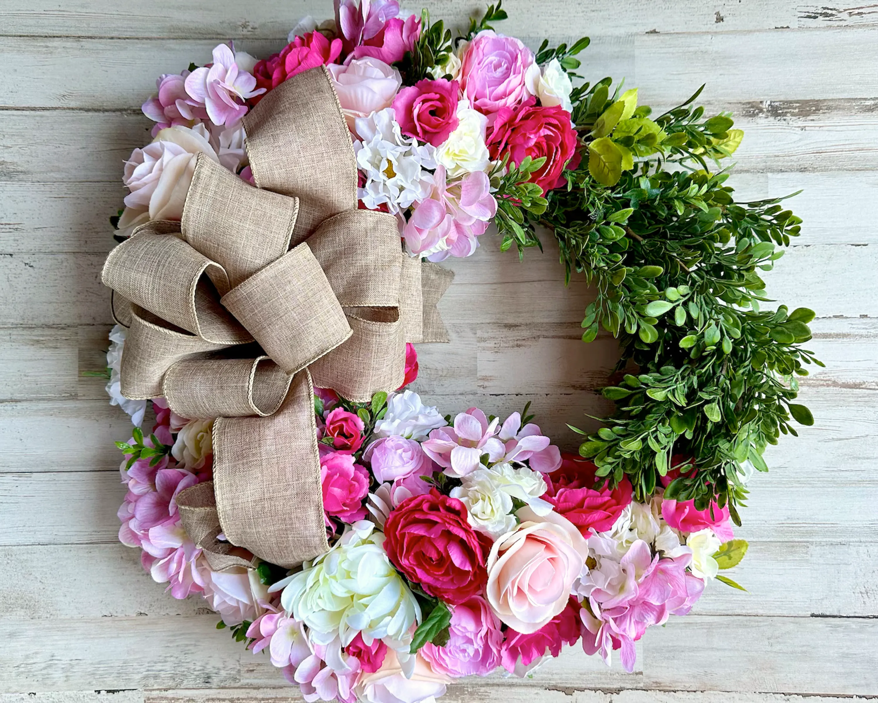 Fuchsia pink floral boxwood greenery wreath