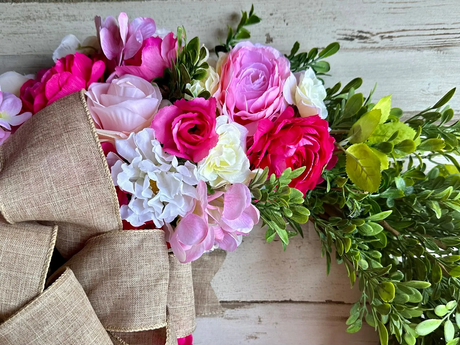 Fuchsia pink floral boxwood greenery wreath