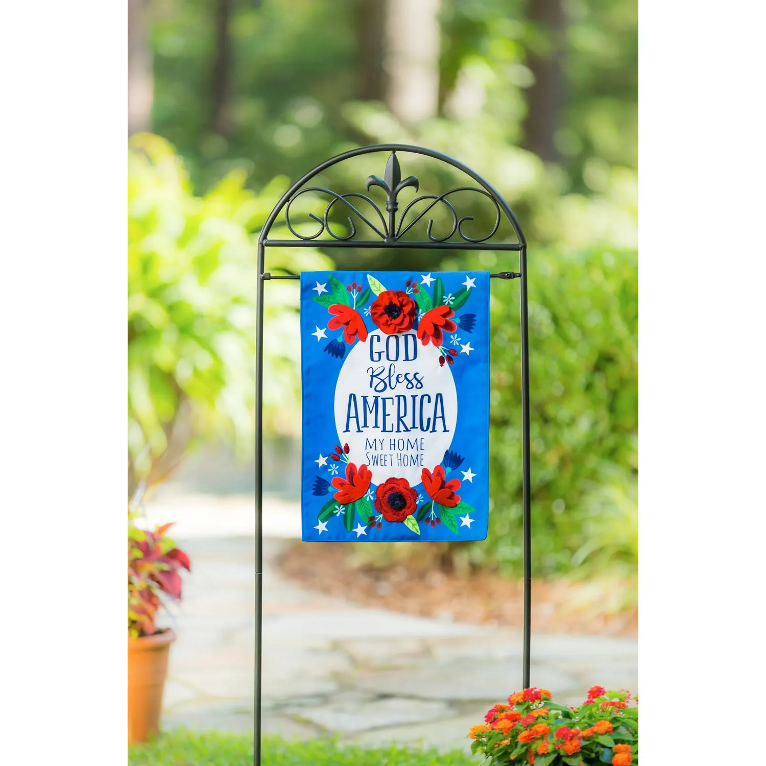 God Bless America Floral Garden Linen Flag,14l9170bl