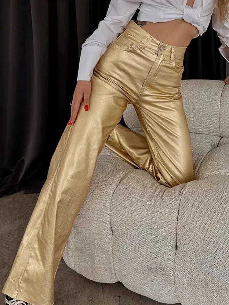Gold & Silver High-Waist Metallic Straight Loose Fit Pants for Parties & Events