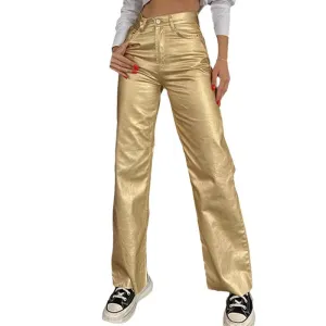 Gold & Silver High-Waist Metallic Straight Loose Fit Pants for Parties & Events