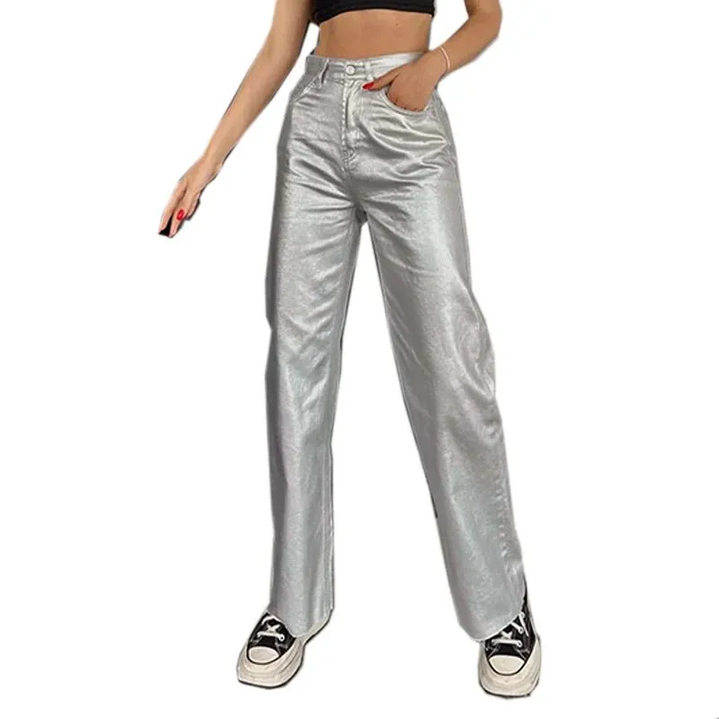 Gold & Silver High-Waist Metallic Straight Loose Fit Pants for Parties & Events