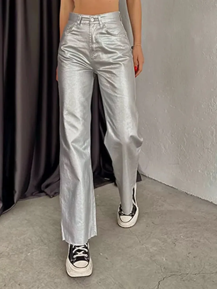 Gold & Silver High-Waist Metallic Straight Loose Fit Pants for Parties & Events
