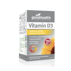 Good Health Vitamin D3 provides 1000IU of Vitamin D3 120 capsules