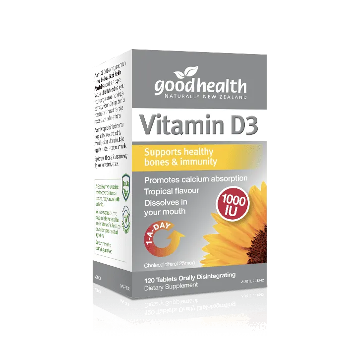 Good Health Vitamin D3 provides 1000IU of Vitamin D3 120 capsules