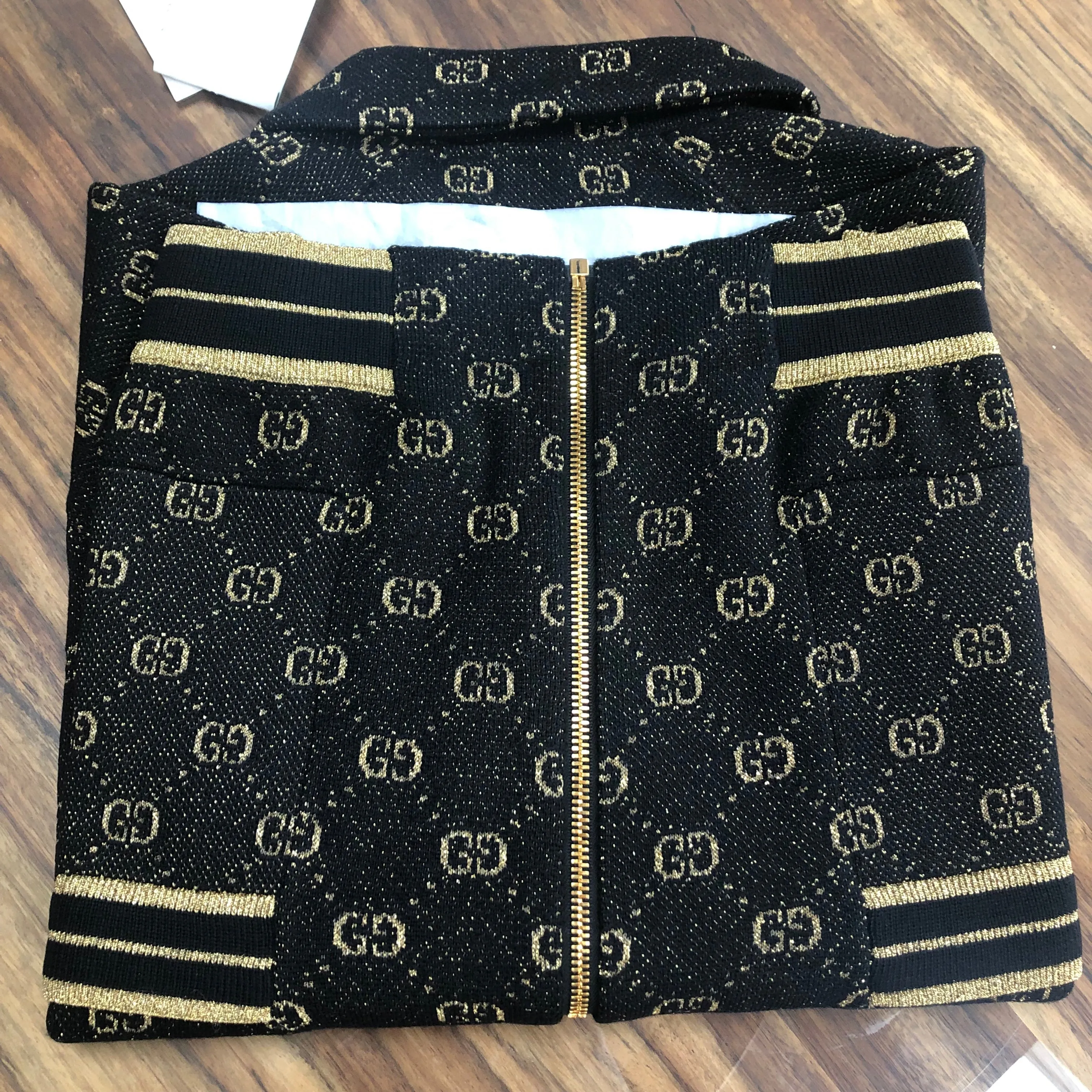 Gucci Black Zipped Cardigan with Gold Lamé GG