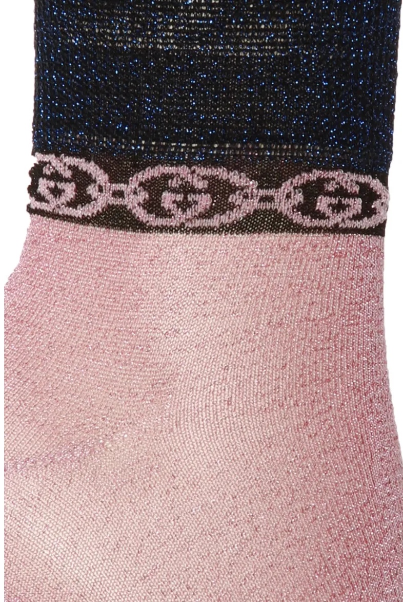 Gucci Lamé Interlocking GG Chain Metallic Socks in Pink