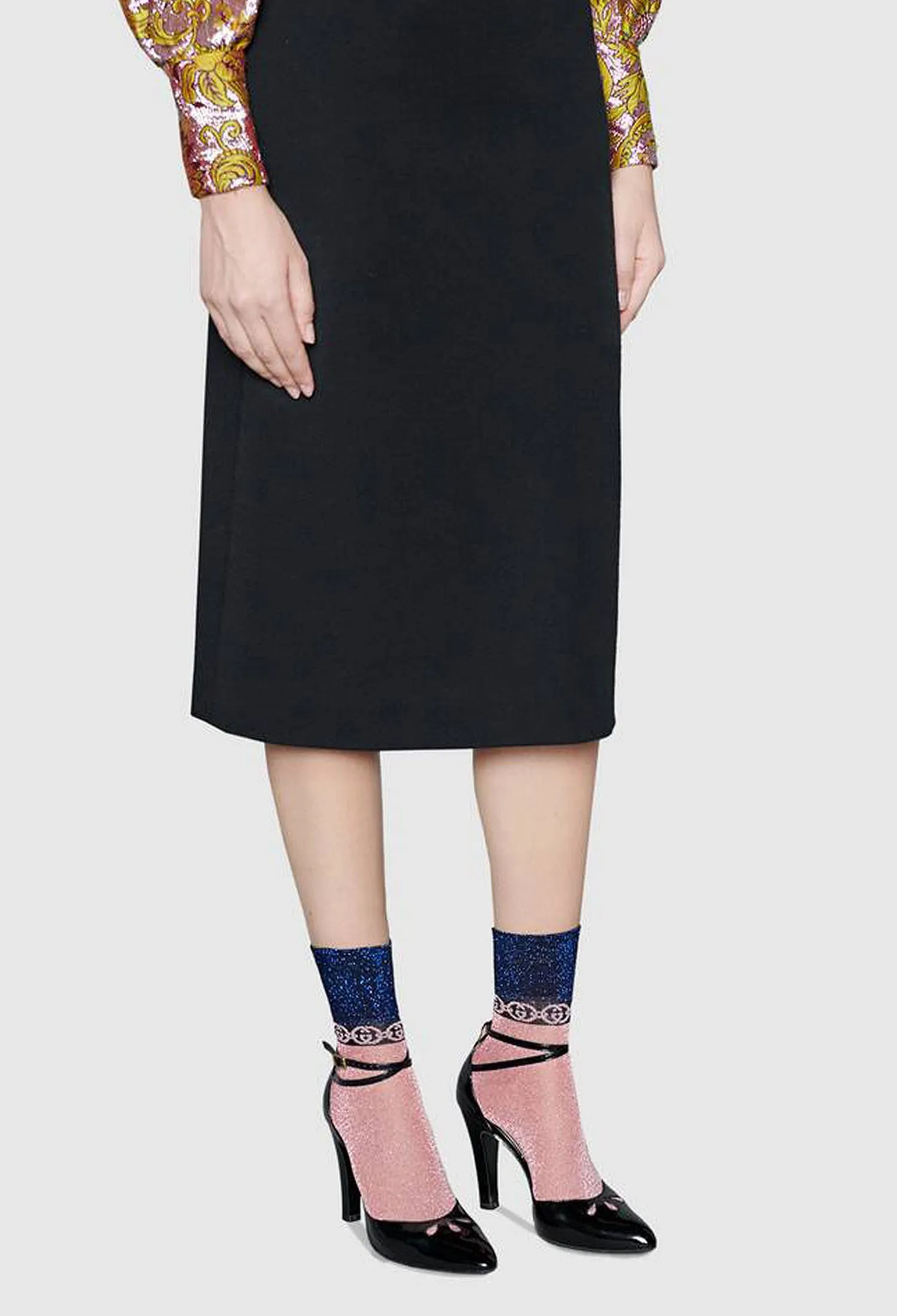 Gucci Lamé Interlocking GG Chain Metallic Socks in Pink
