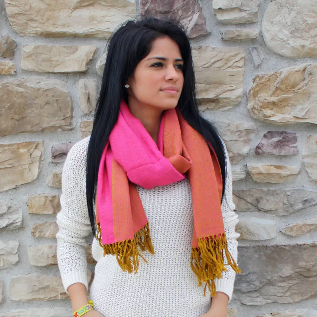 Hand Woven Vibrant Shawl | Mustard & Hot Pink