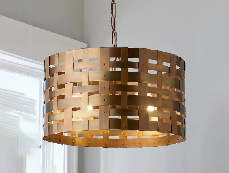 Handmade Brass Basket weave Pendant Light Chandelier