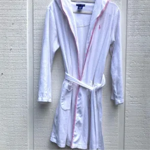 Hooded Ralph Lauren Polo Robe White Terry Belted Pink Plaid Pony Prep
