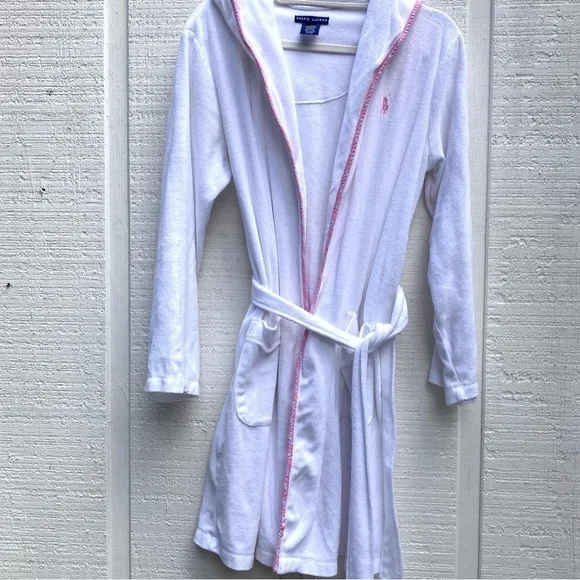 Hooded Ralph Lauren Polo Robe White Terry Belted Pink Plaid Pony Prep