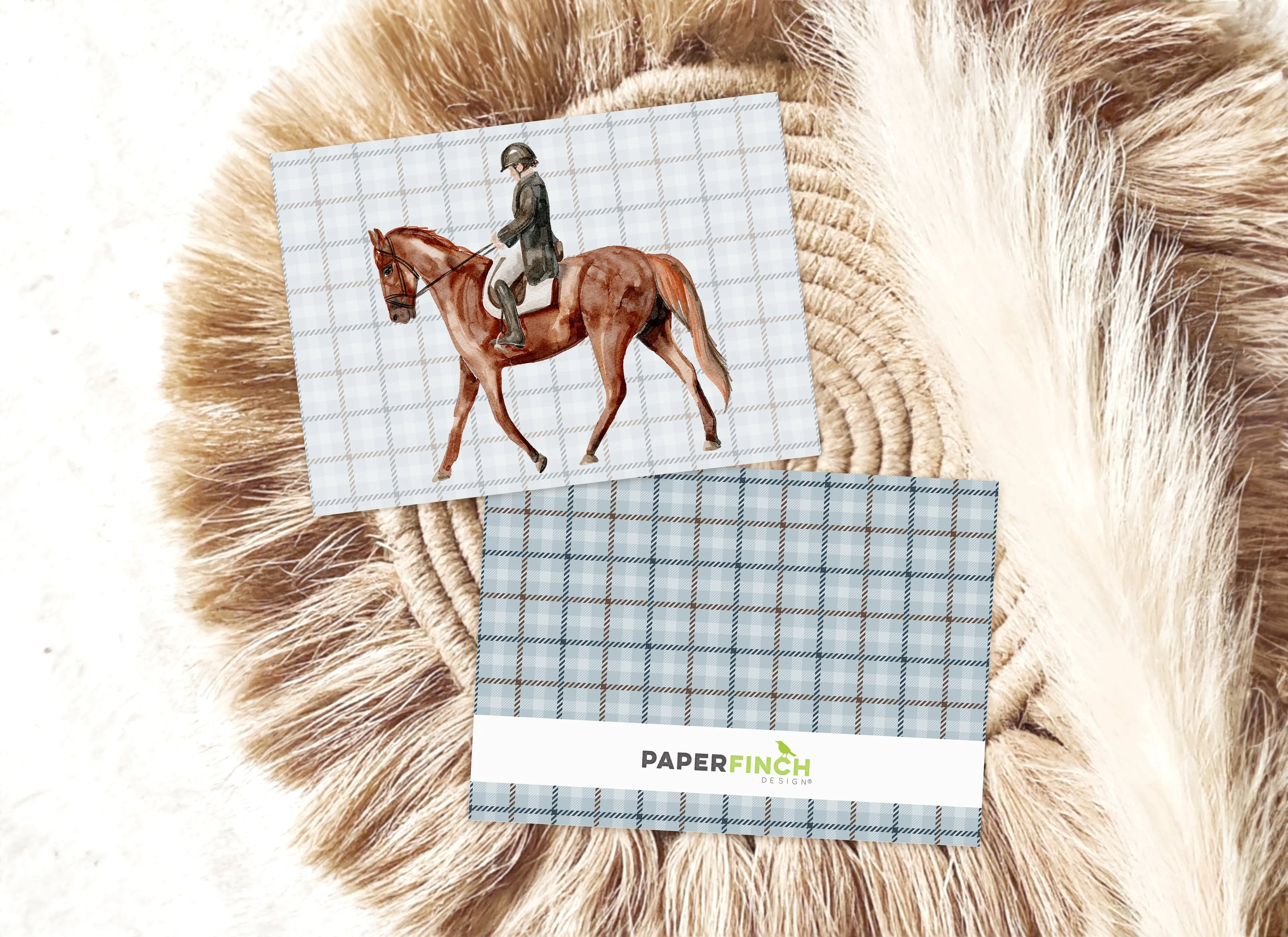 Horse and Rider on Blue Plaid, equestrian greeting card, blank everyday card | Horse   Whiskey Collection