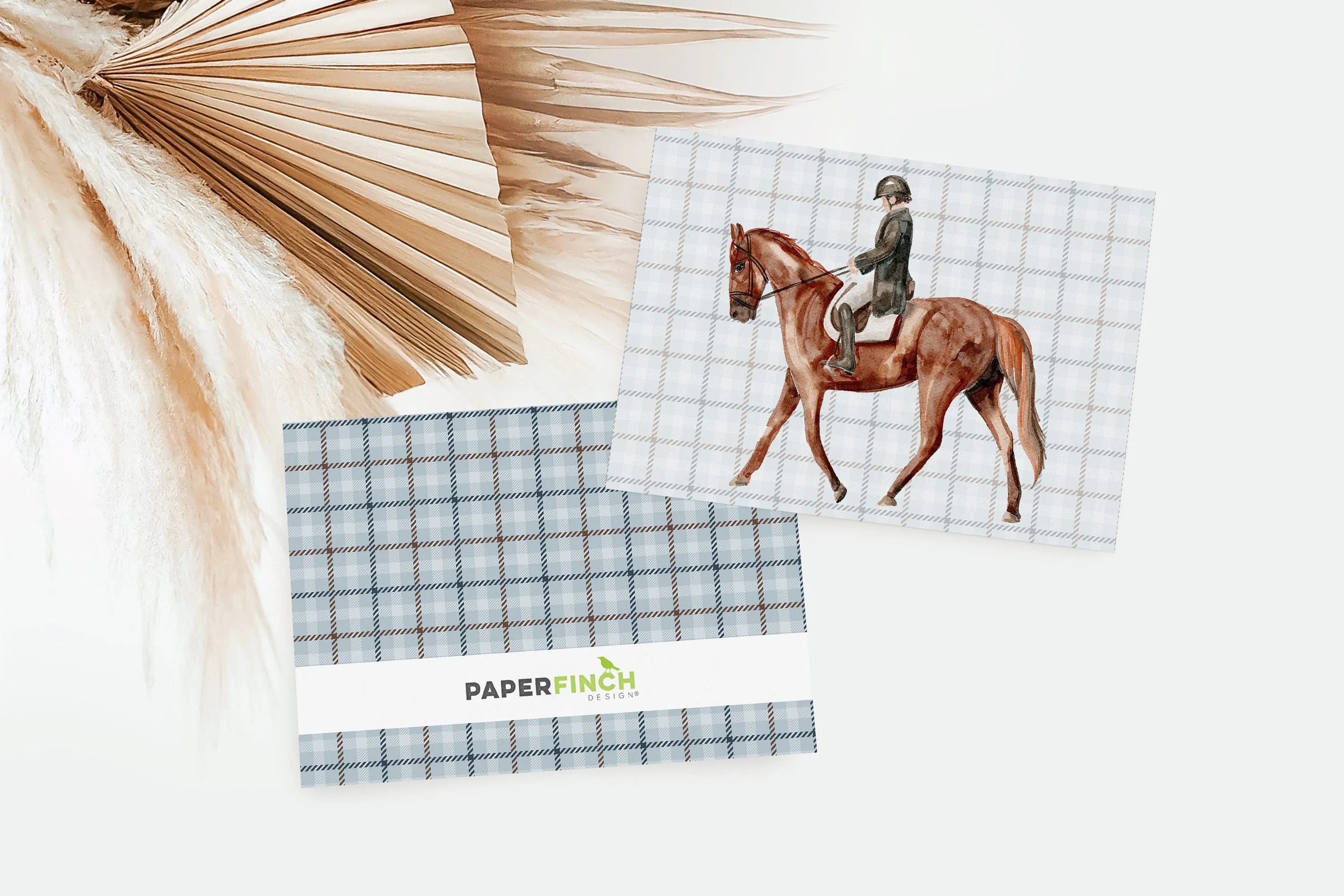 Horse and Rider on Blue Plaid, equestrian greeting card, blank everyday card | Horse   Whiskey Collection