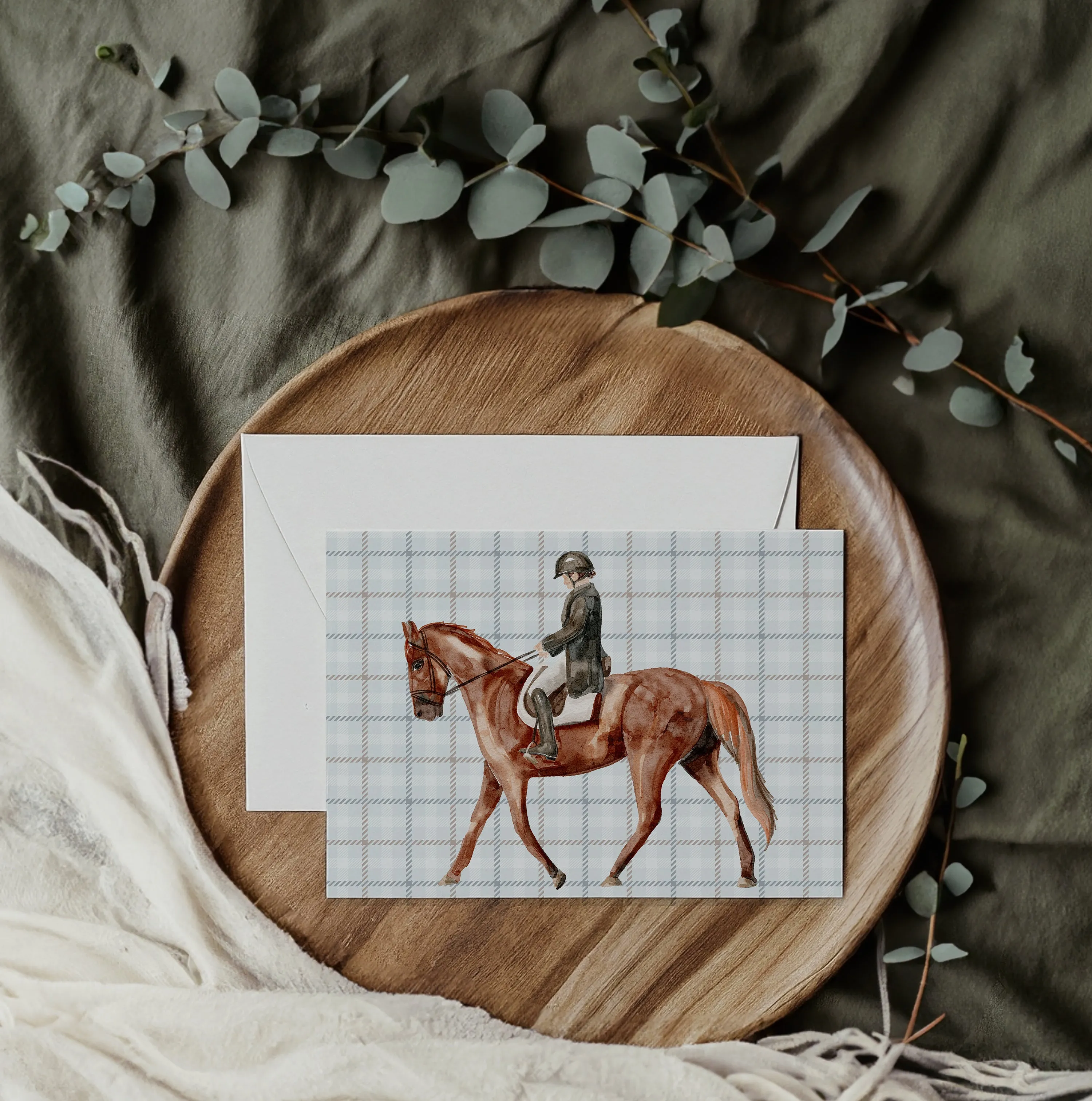 Horse and Rider on Blue Plaid, equestrian greeting card, blank everyday card | Horse   Whiskey Collection