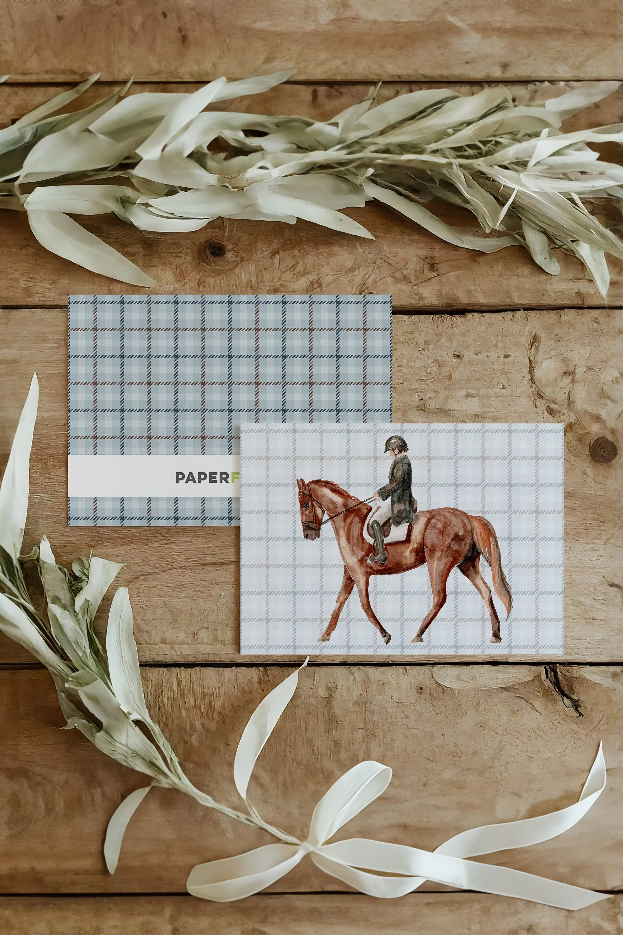 Horse and Rider on Blue Plaid, equestrian greeting card, blank everyday card | Horse   Whiskey Collection