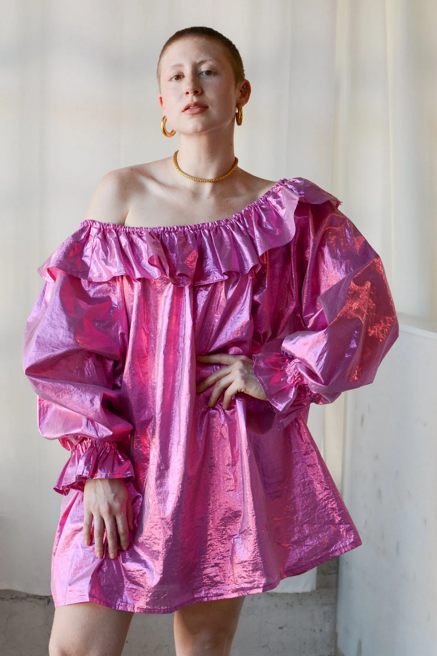 Hot Pink Metallic Lamé Ruffle Mini