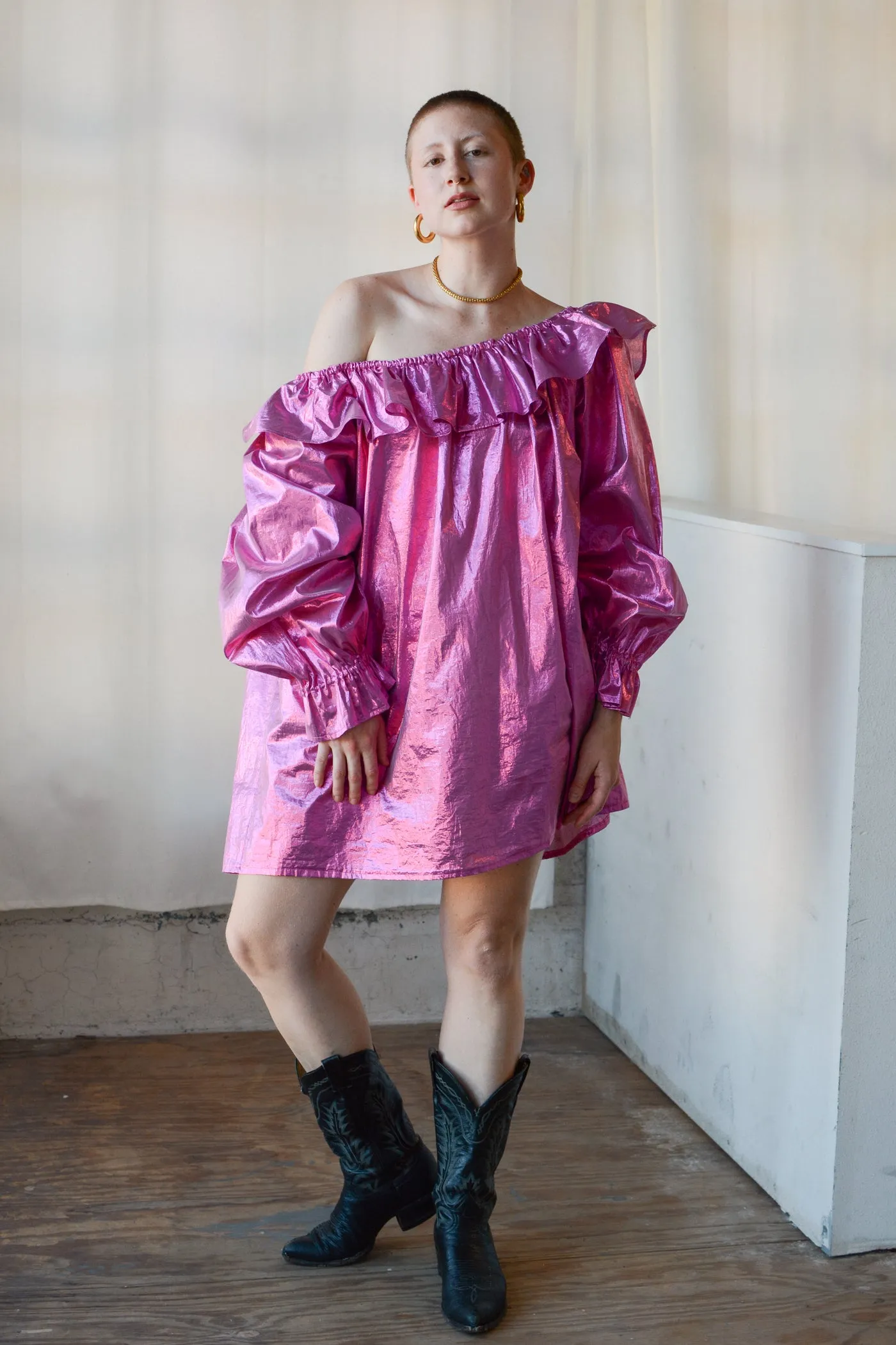 Hot Pink Metallic Lamé Ruffle Mini