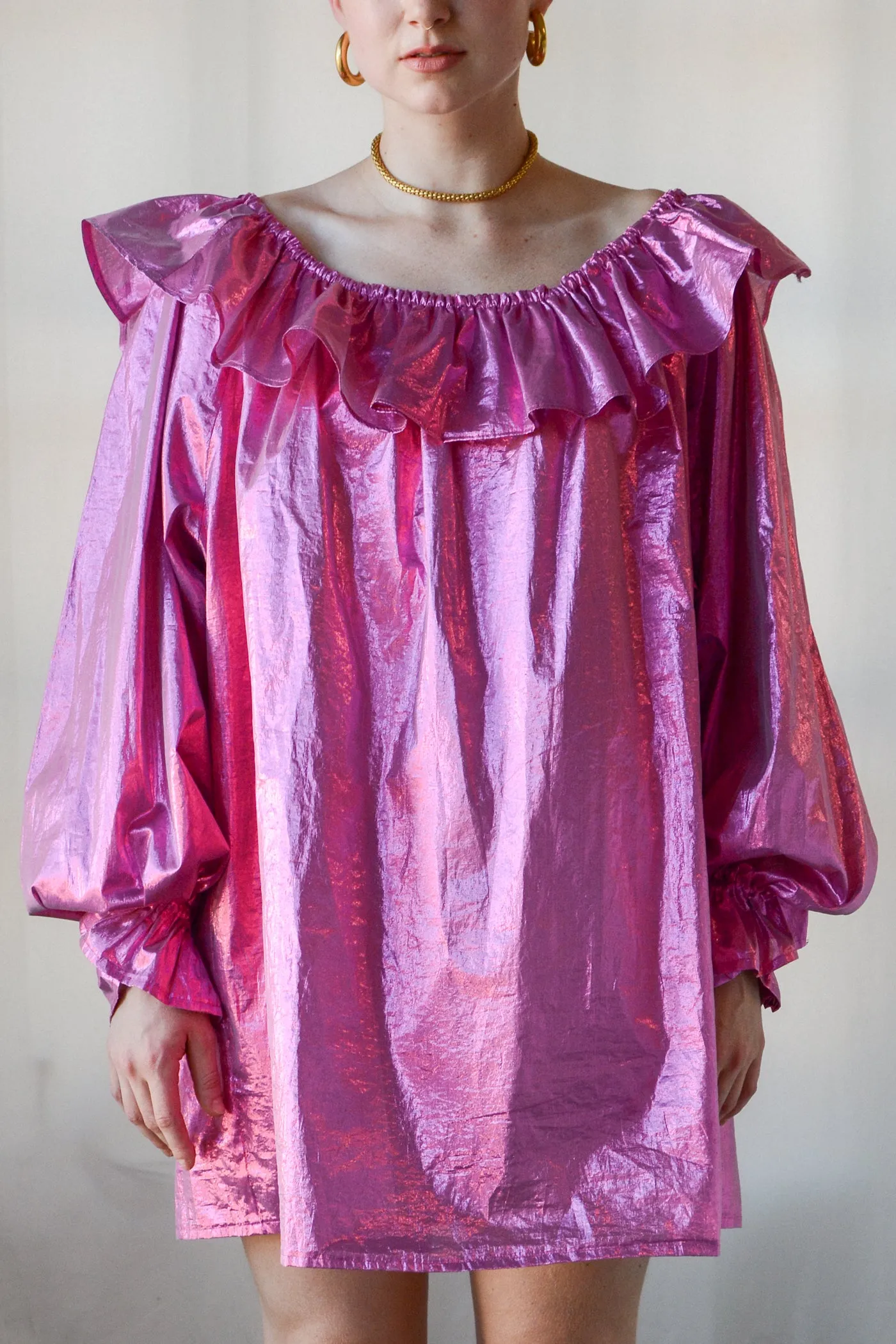 Hot Pink Metallic Lamé Ruffle Mini