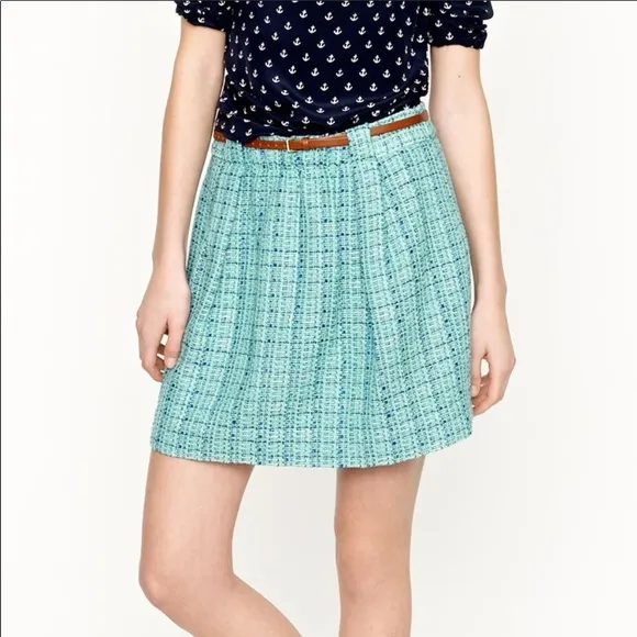 J. Crew Aqua Mint Tweed Shirred Flare Mini Skirt