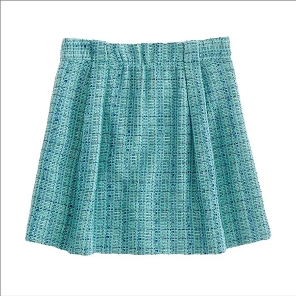 J. Crew Aqua Mint Tweed Shirred Flare Mini Skirt