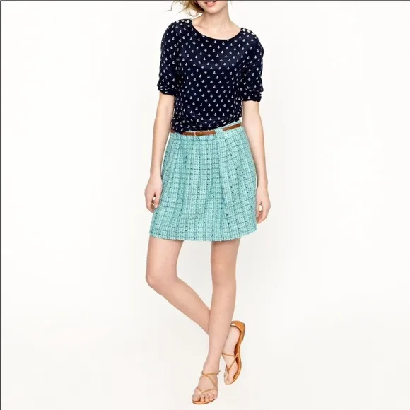 J. Crew Aqua Mint Tweed Shirred Flare Mini Skirt