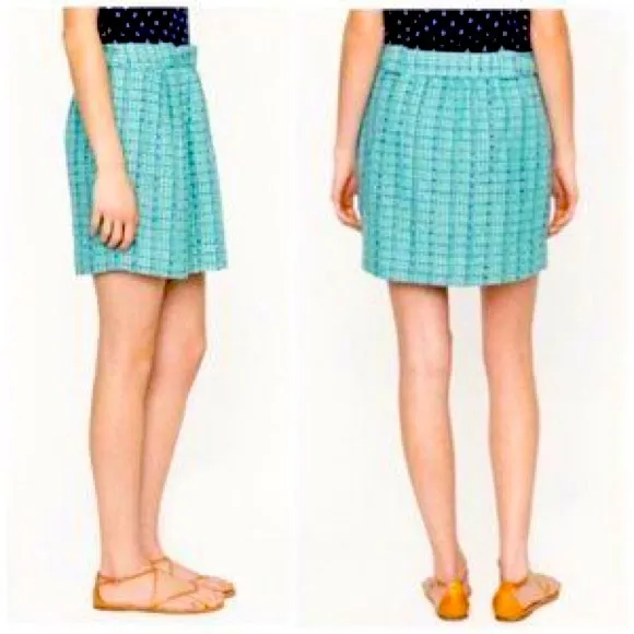 J. Crew Aqua Mint Tweed Shirred Flare Mini Skirt