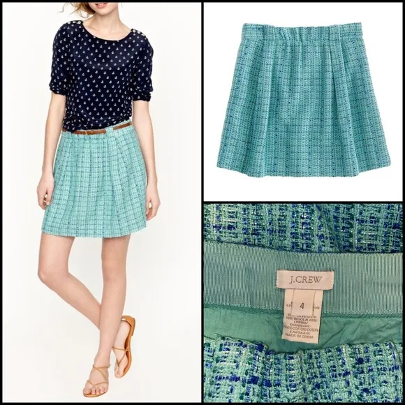J. Crew Aqua Mint Tweed Shirred Flare Mini Skirt
