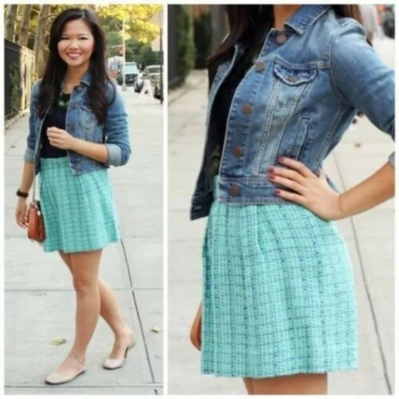 J. Crew Aqua Mint Tweed Shirred Flare Mini Skirt