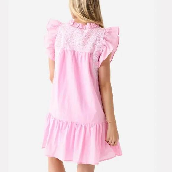 J. MARIE The Pricilla Dress Pink Ruffle Embroidered Mexican Oaxcan Preppy Sz S