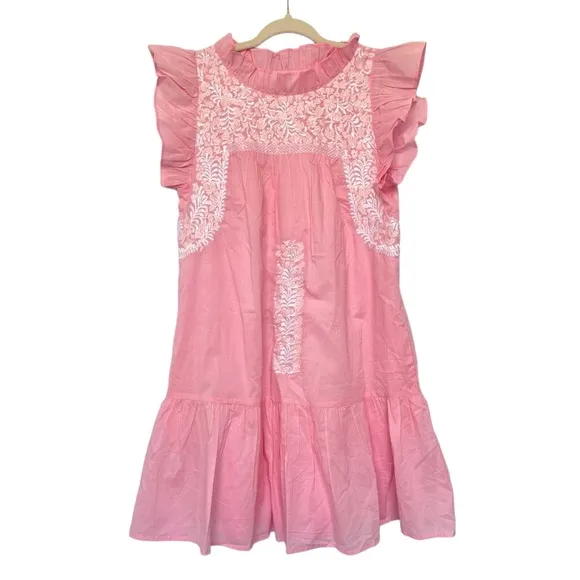 J. MARIE The Pricilla Dress Pink Ruffle Embroidered Mexican Oaxcan Preppy Sz S