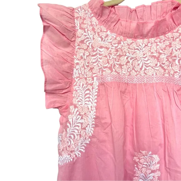 J. MARIE The Pricilla Dress Pink Ruffle Embroidered Mexican Oaxcan Preppy Sz S