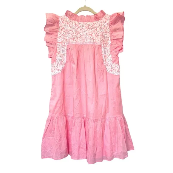 J. MARIE The Pricilla Dress Pink Ruffle Embroidered Mexican Oaxcan Preppy Sz S